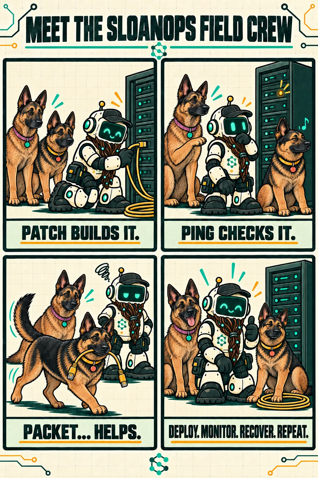 Four-panel comic introducing Patch, Ping, and Packet as the SloanOps Field Crew