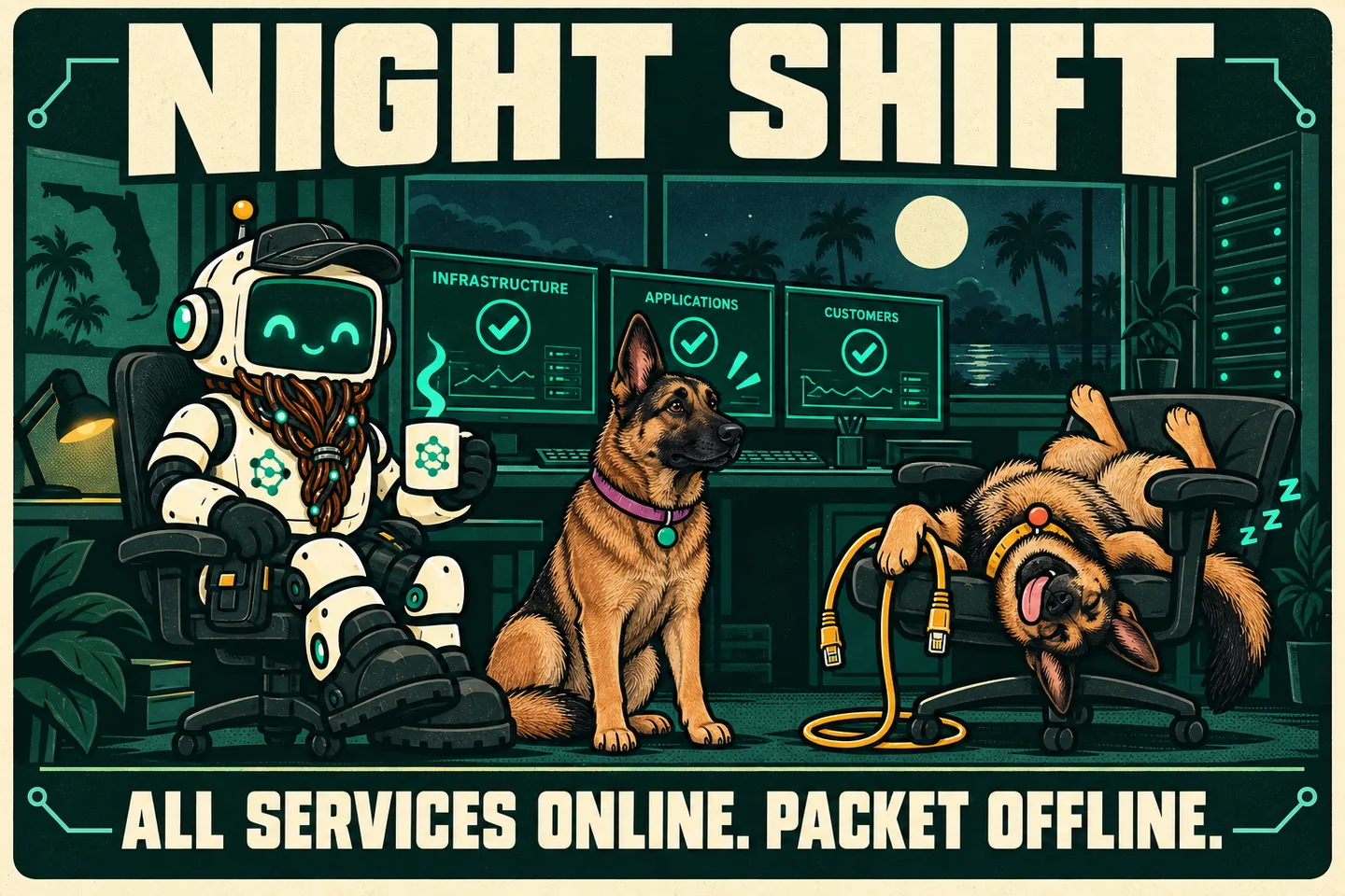 Patch and Ping monitor healthy services during the night shift while Packet sleeps upside down in an office chair