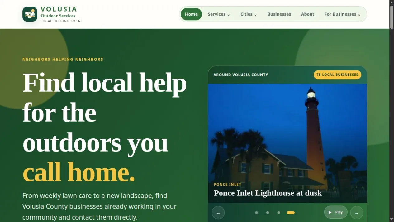 Volusia Outdoor Services homepage with local provider search and Volusia County scenery