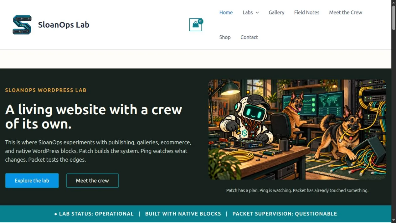 SloanOps WordPress Lab homepage with Patch, Ping, and Packet in their workshop